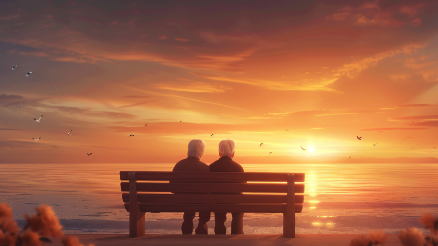 elderly people facing the beach sunset