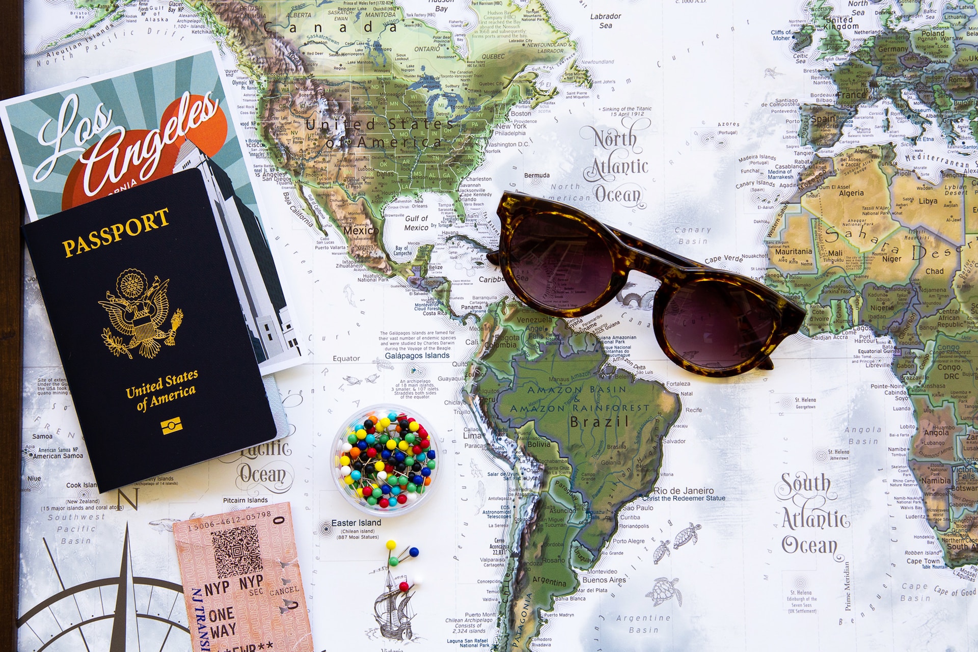 map passport sunglasses