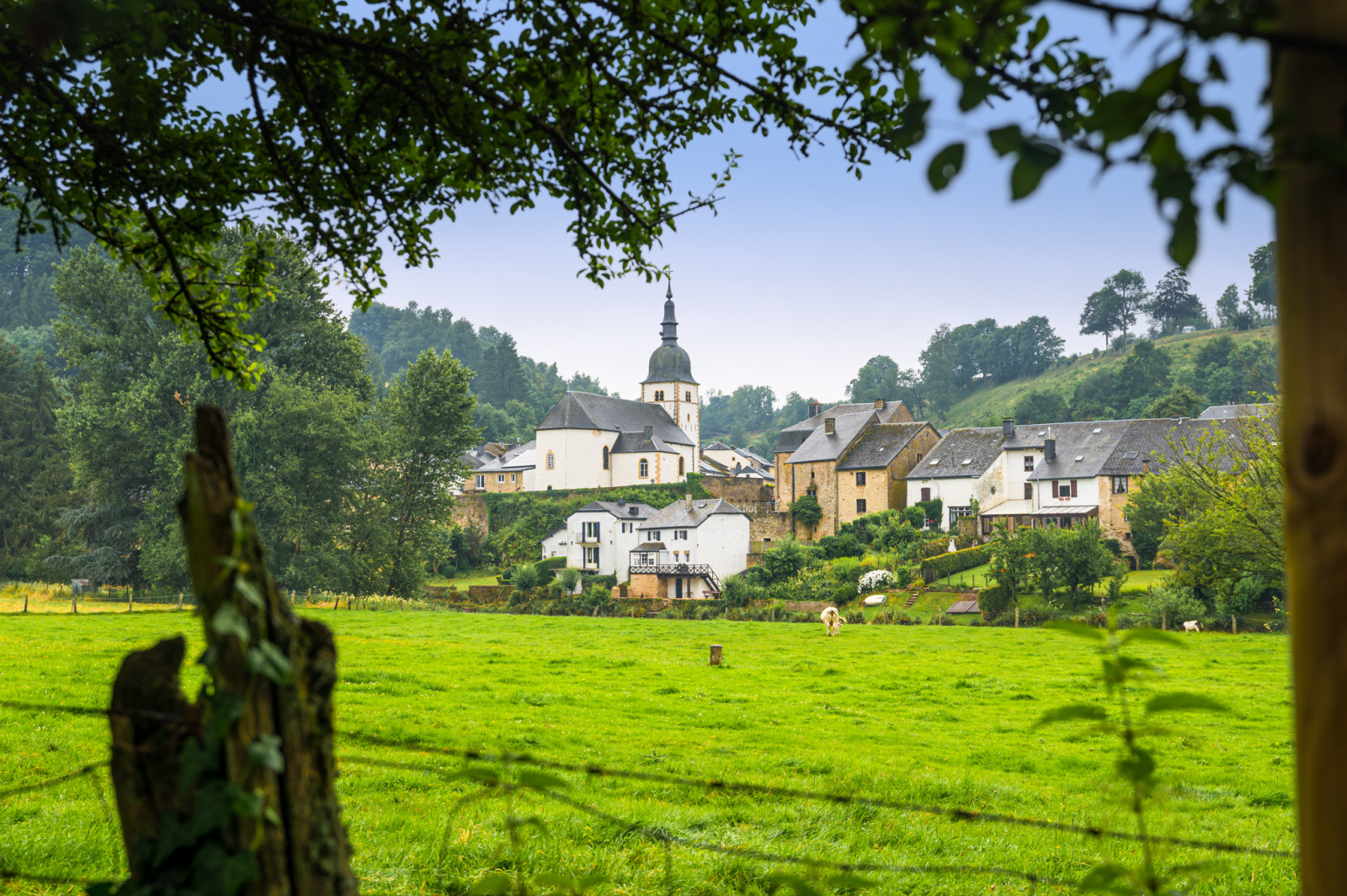 Vue sur plusieurs maisons et l'eglise Saint-Martin a Chassepierre