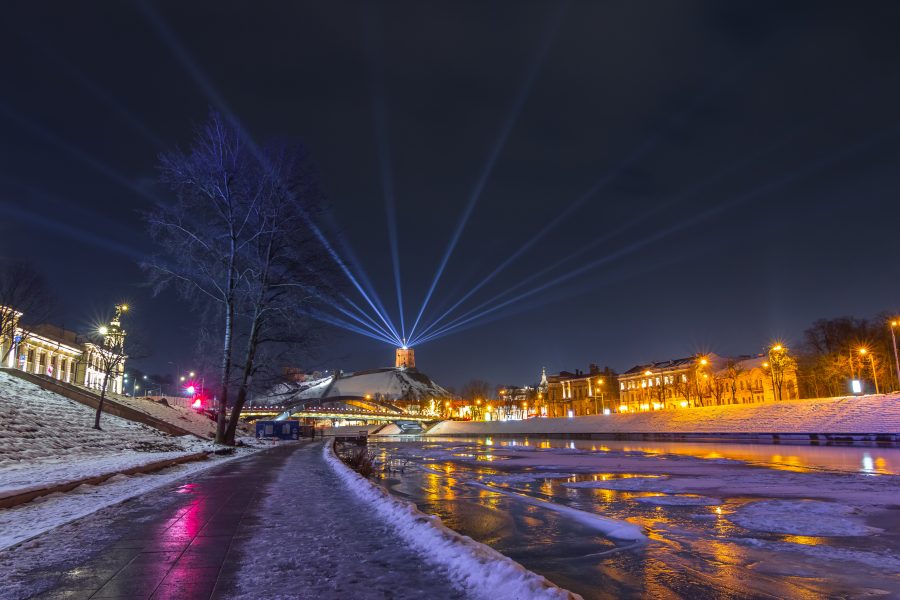 Vilnius, Lithuania - January 25, 2021: Vilnius main symbol, Gediminas castle illuminated for 698 city birthday celebrations, Capital of Lithuania