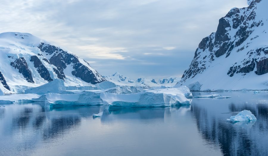 Crusing the Lemaire Channel among drifting icebergs, Antarctic Peninsula. Antarctica