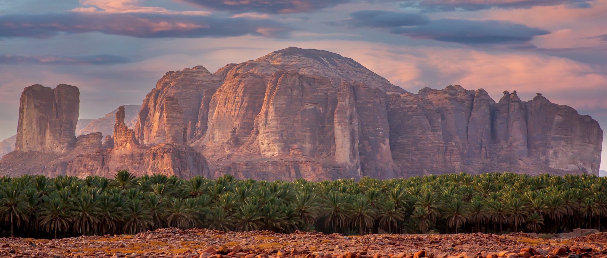 Al ula Oasis with rocky moutain in the background